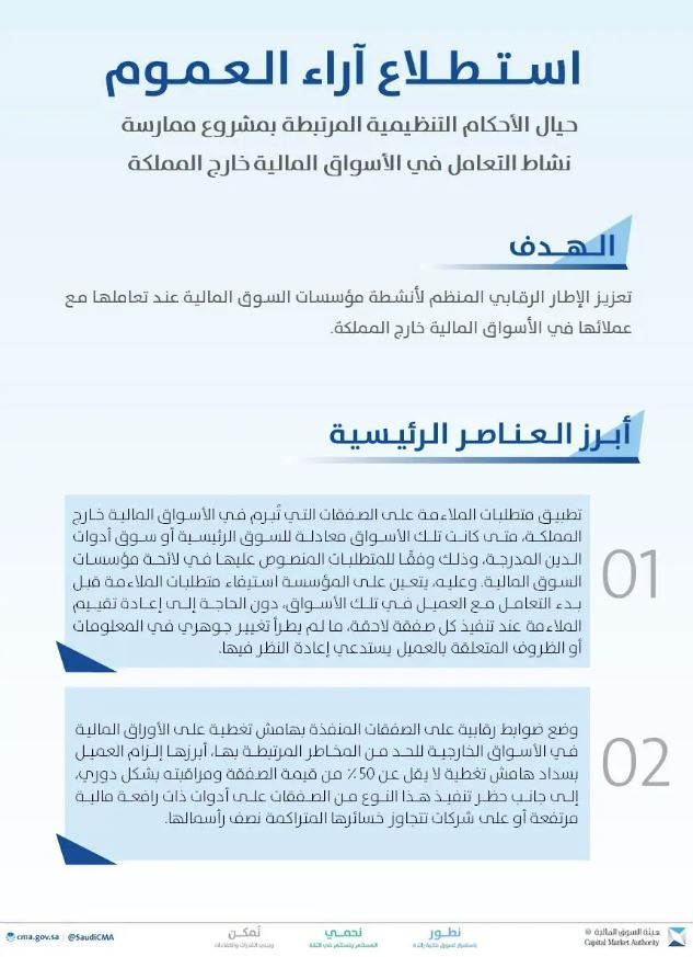 «السوق المالية» تستطلع المرئيات بشأن تنظيم التعامل في الأسواق خارج المملكة