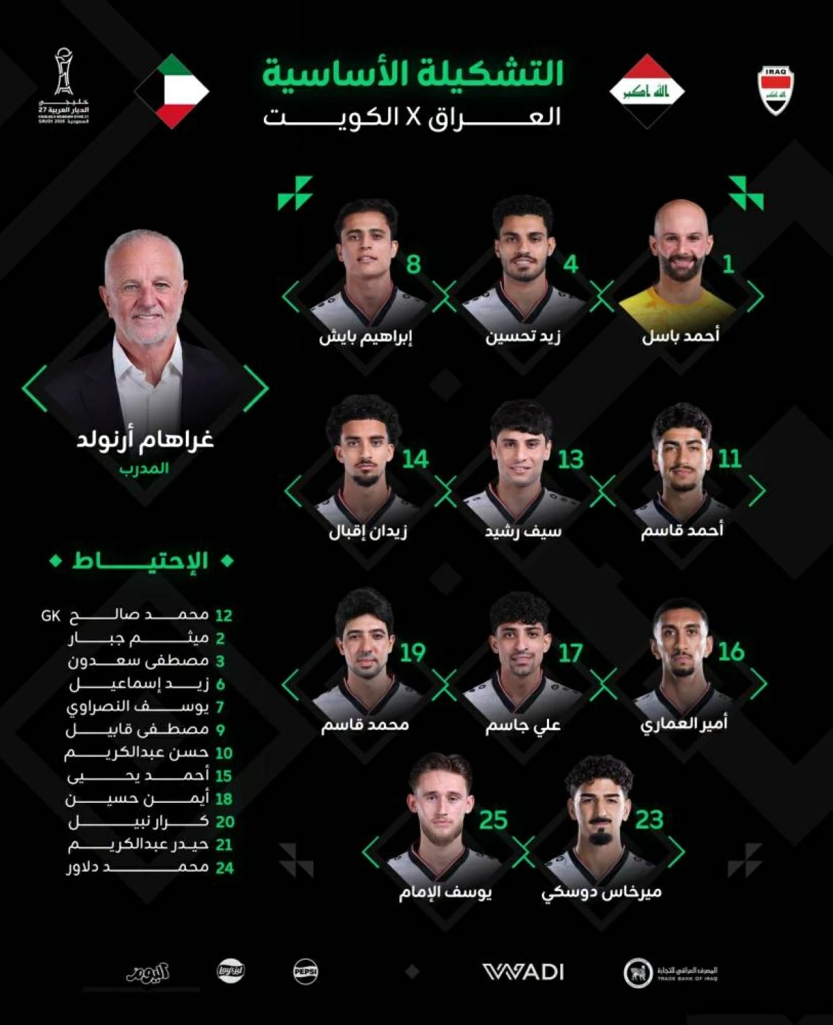 بايش يقود «أسود الرافدين» أمام الكويت وأيمن حسين على دكة الاحتياط