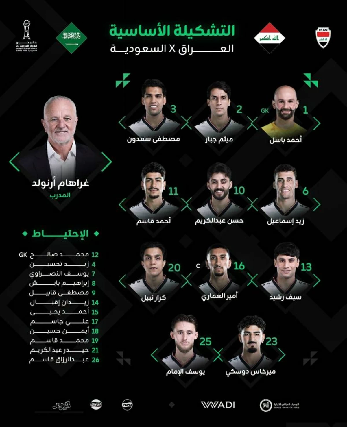 خلت من أيمن وبايش وزيد تحسين.. تشكيلة غريبة لـ«أسود الرافدين» أمام السعودية