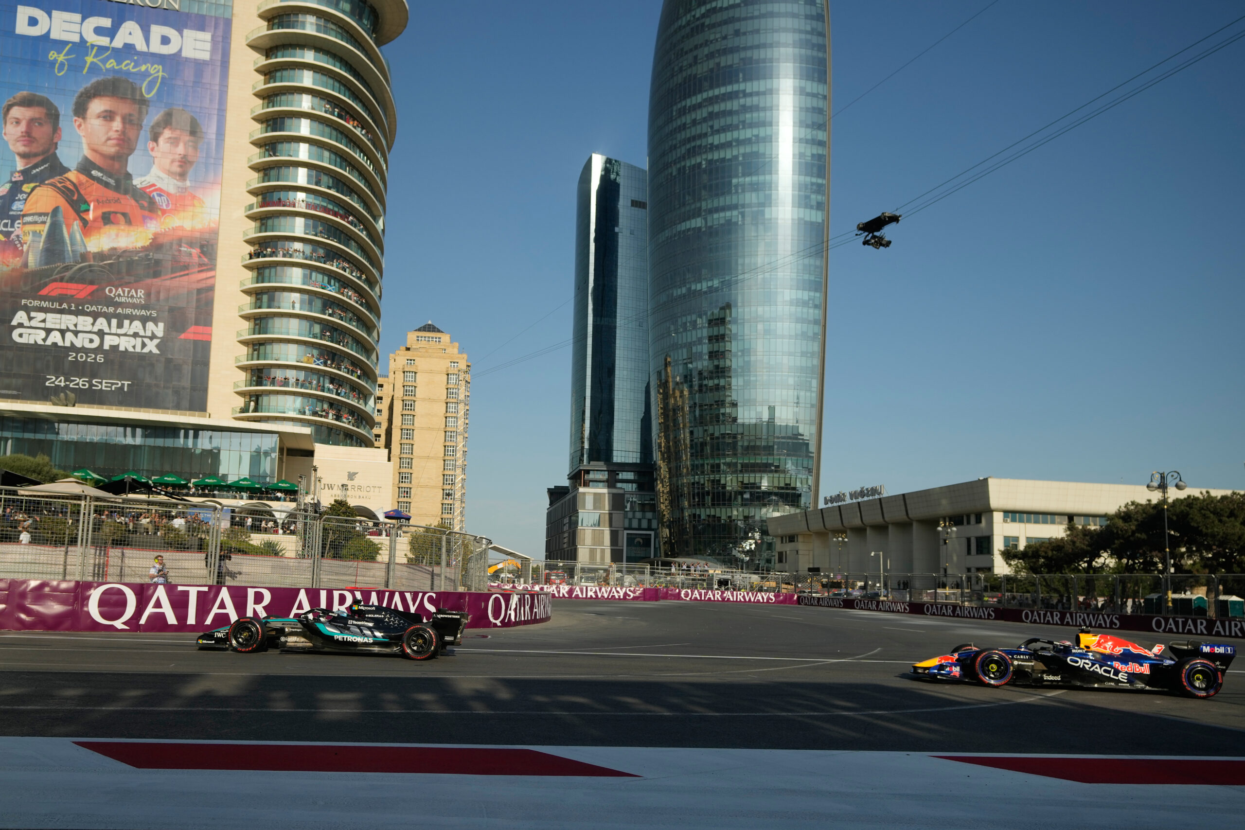 George Russell wins in Azerbaijan to trim Antonelli’s F1 lead as Norris crashes out