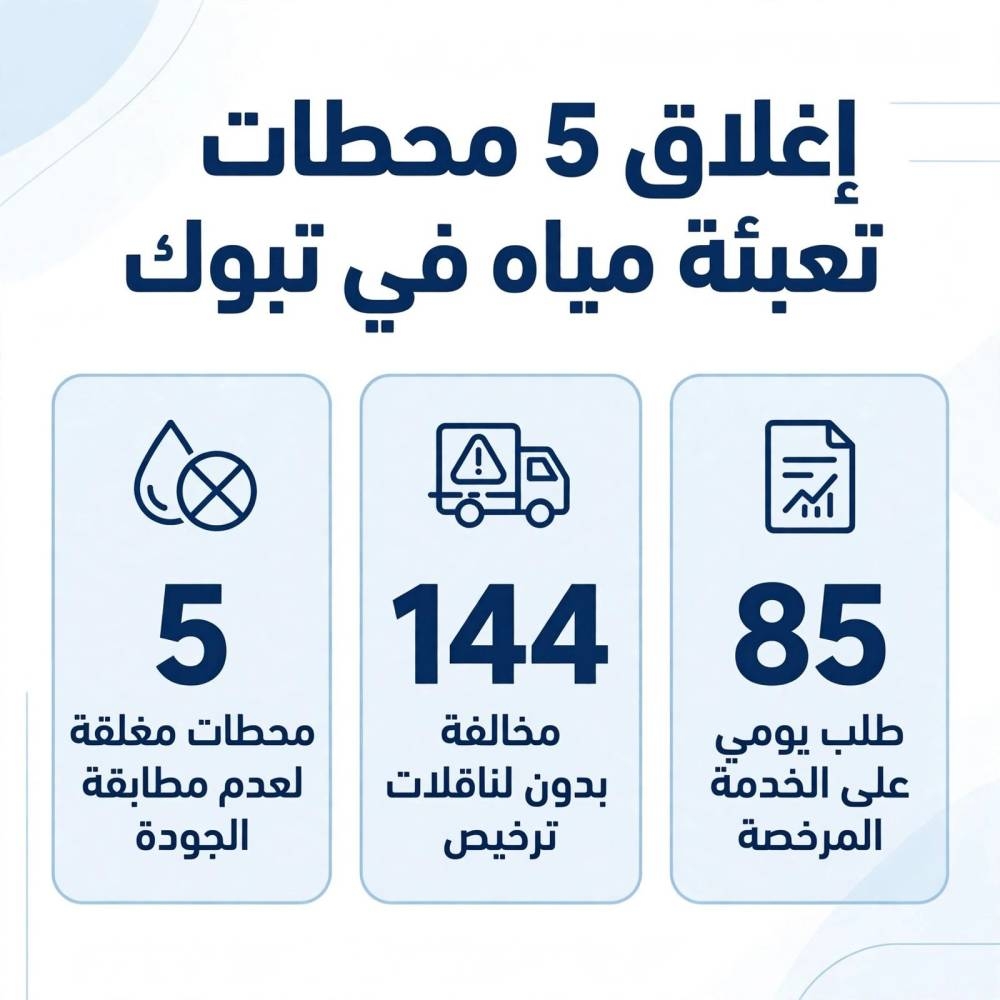 إغلاق 5 محطات تعبئة مياه في تبوك ورصد 144 مخالفة لناقلات غير مرخصة