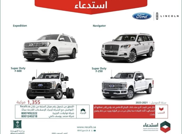 استدعاء 1,355 مركبة فورد لينكون لخلل في تثبيت أذرع مساحات الزجاج الأمامي