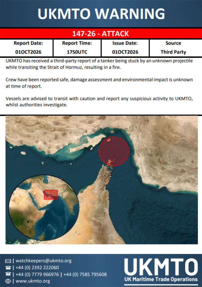 Tanker attacked in Strait of Hormuz: UK maritime agency