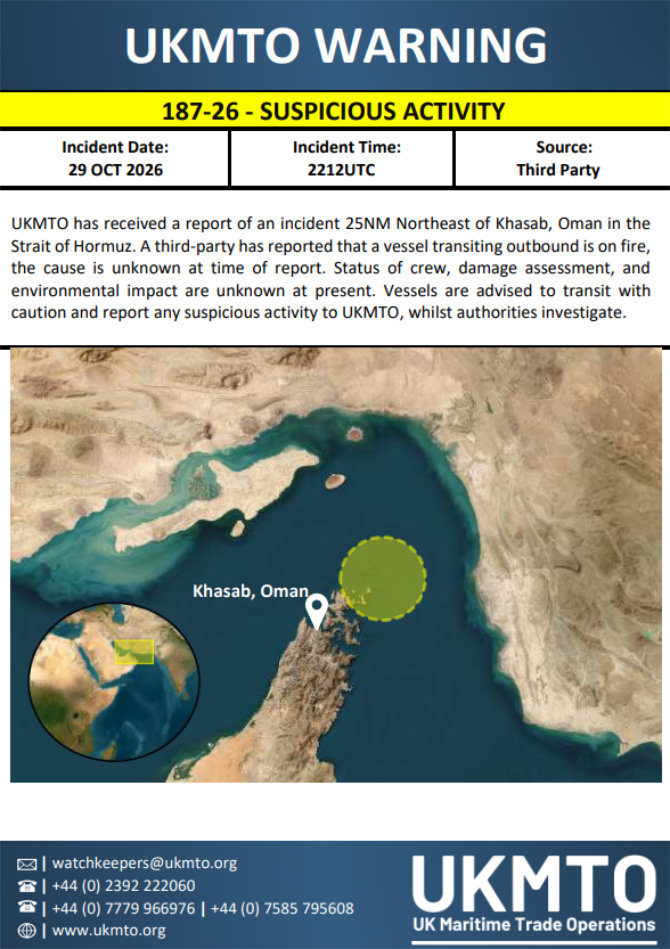 Vessel catches fire in Strait of Hormuz after incident northeast of Oman, UKMTO says