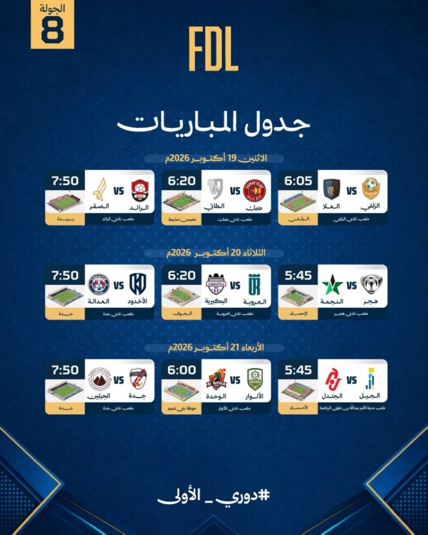 مباراة القمة وديربي في بريدة يشعلان الجولة الثامنة من دوري الأولى