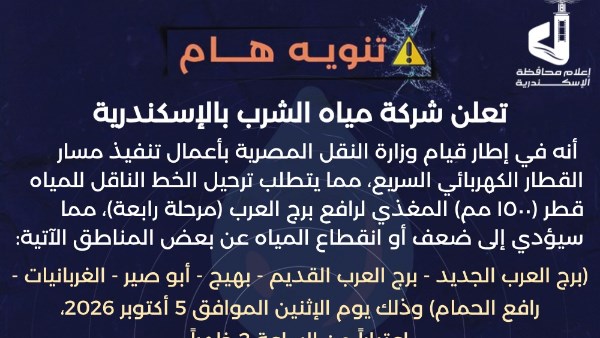 ضعف وانقطاع المياع غربي الإسكندرية بسبب تنفيذ القطار الكهربائي السريع