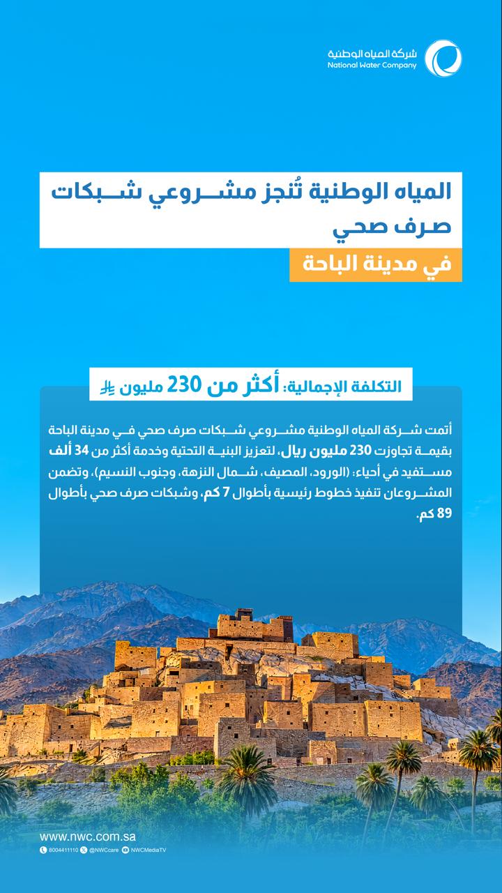 المياه الوطنية تنتهي من تنفيذ مشروعين لشبكات الصرف الصحي في الباحة بتكلفة تجاوزت 230 مليون ريال