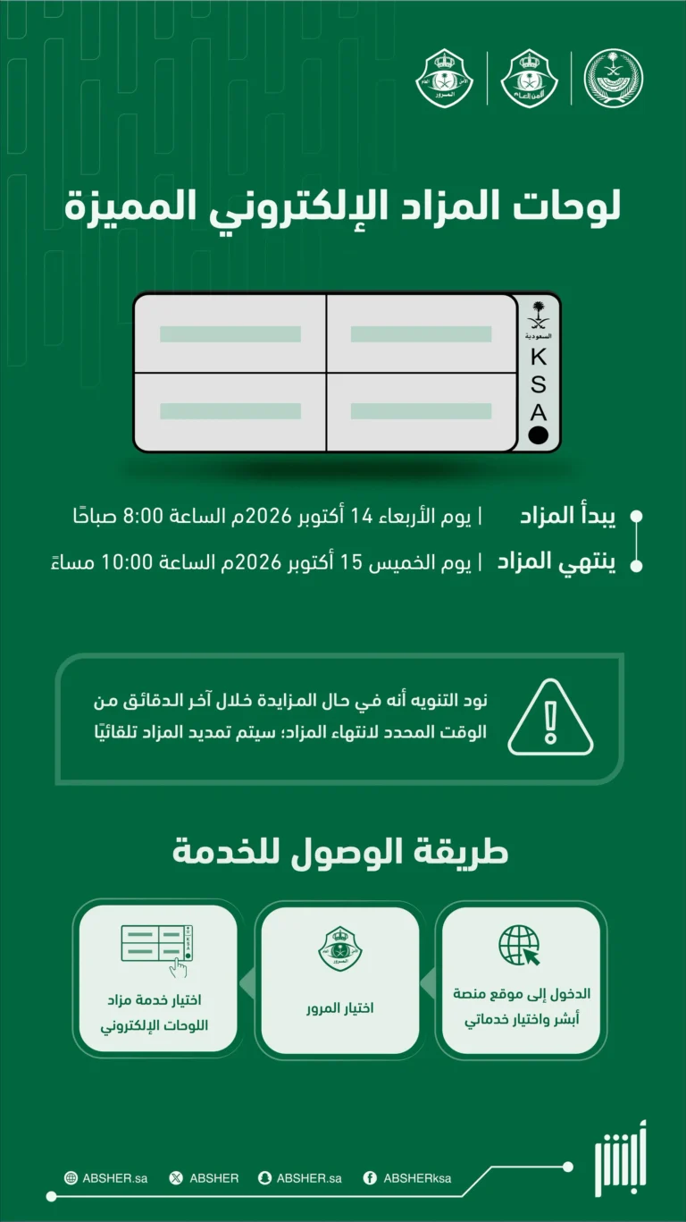 “المرور” تطرح مزاداً إلكترونياً للوحات المميزة عبر «أبشر» الأربعاء والخميس