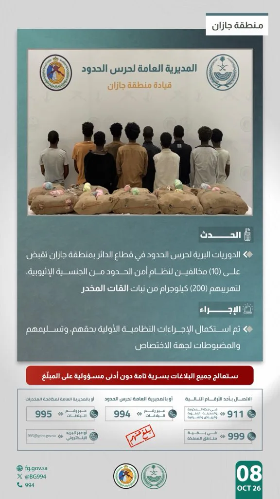 حرس الحدود بجازان يضبط 10 إثيوبيين بحوزتهم 200 كيلوجرام من القات